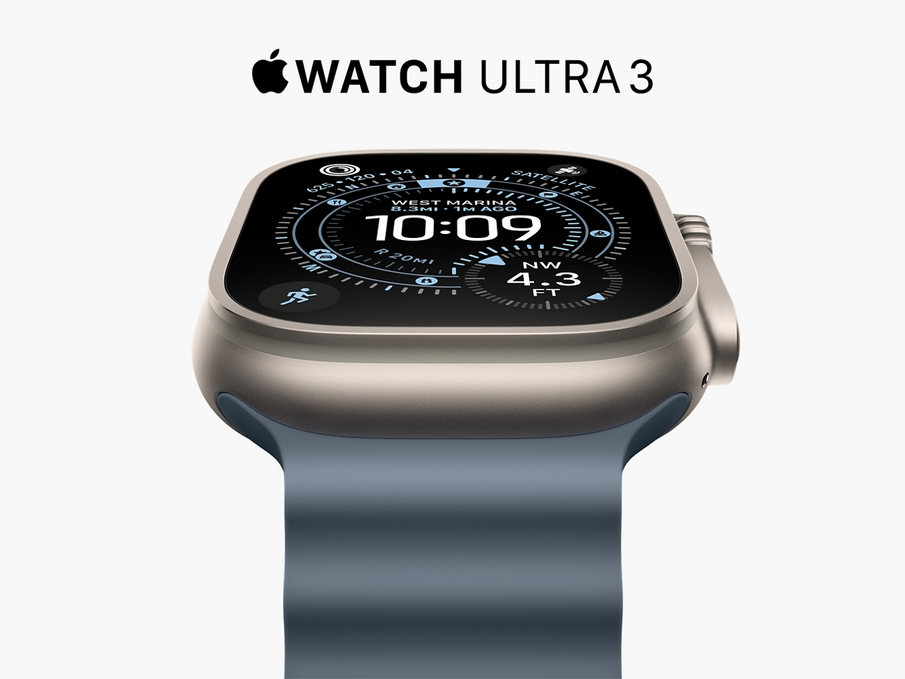 Apple Watch Ultra 3 with 49mm case in natural titanium anchor and a blue ocean band. 